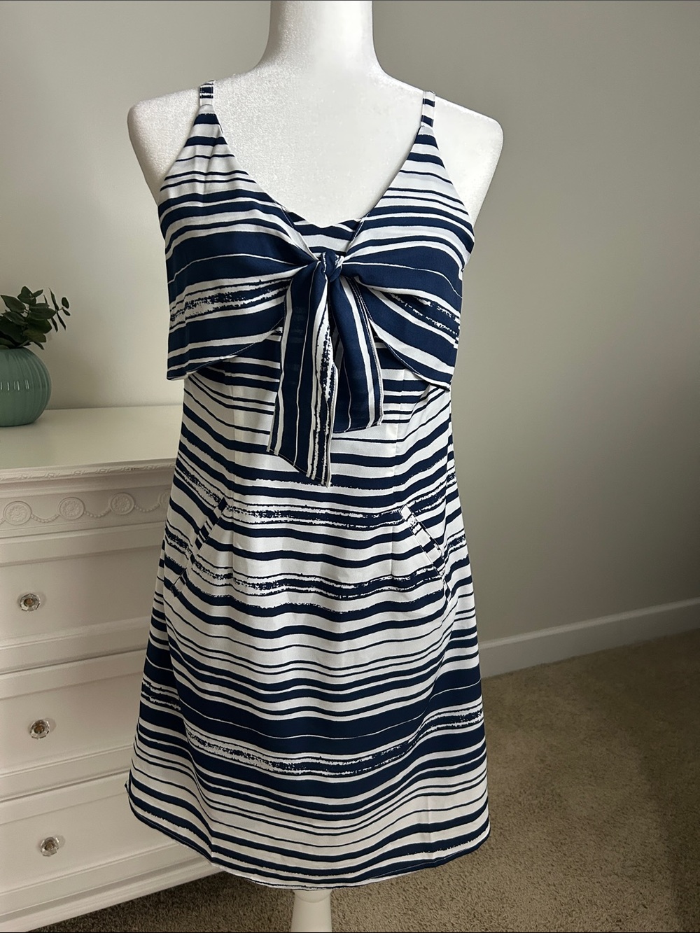 CAbi Navy and White Striped Tie-Front Sundress